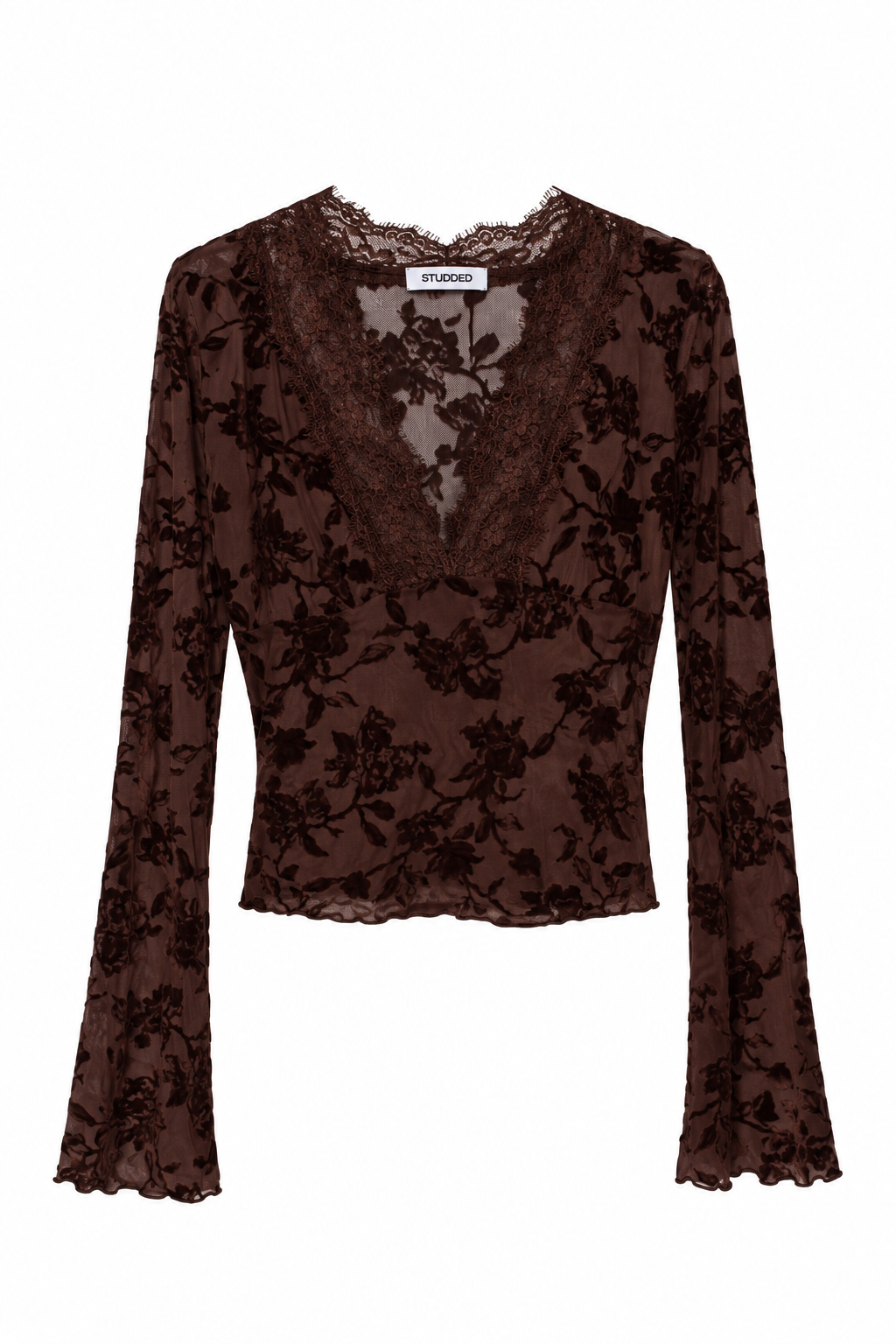 Maglia floccata con pizzo - Marrone