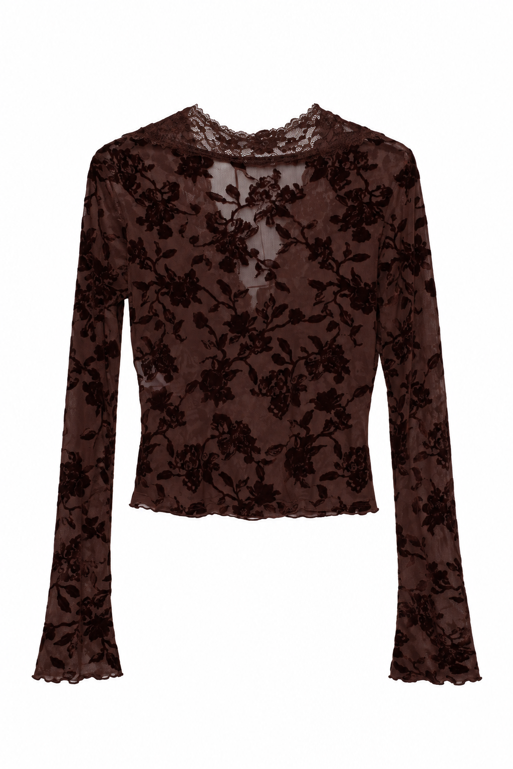 Maglia floccata con pizzo - Marrone