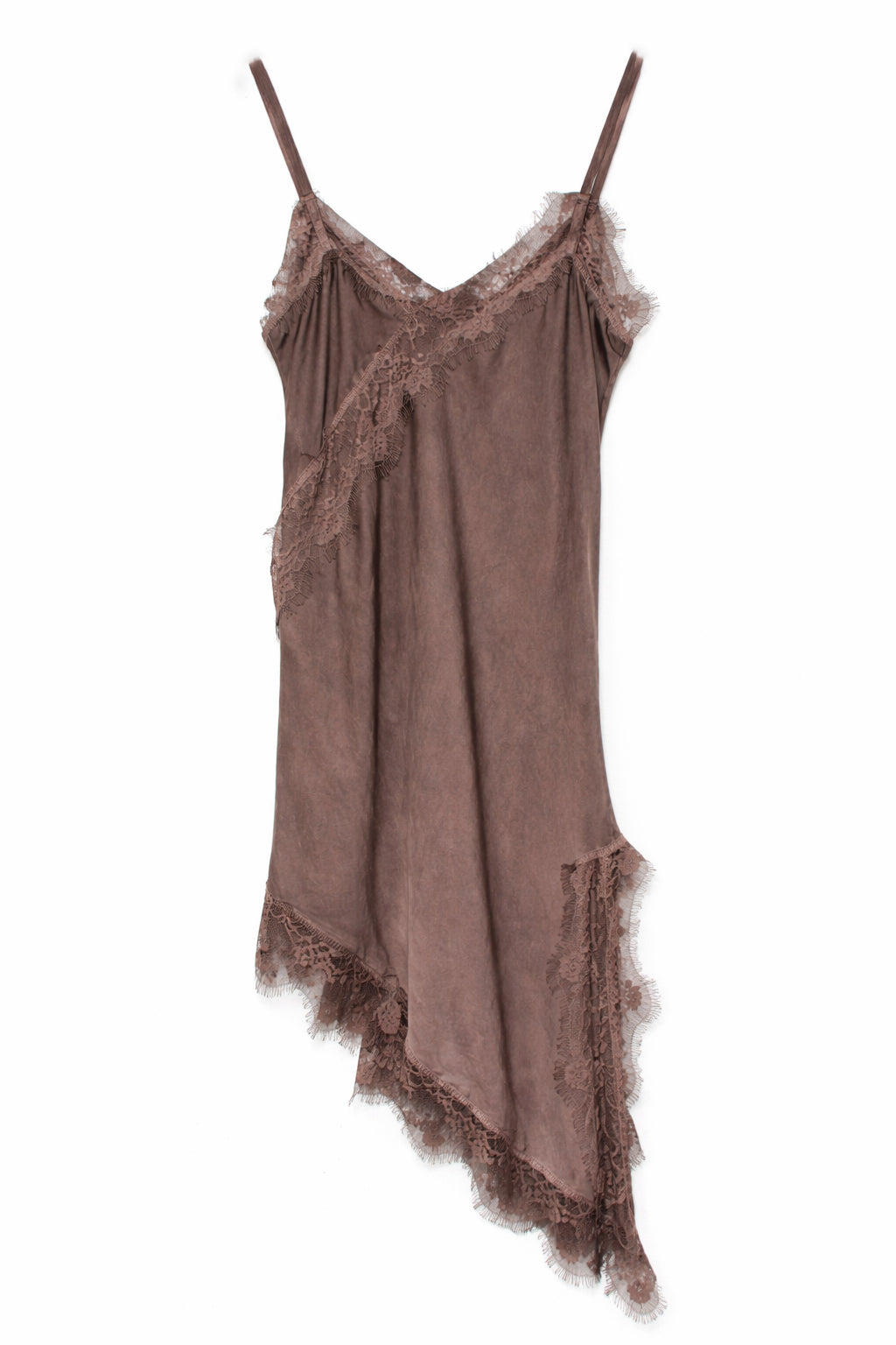 Abito raso lingerie con pizzo - MARRONE