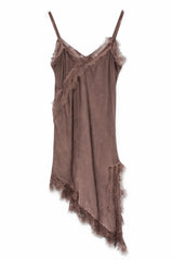 Abito raso lingerie con pizzo - MARRONE