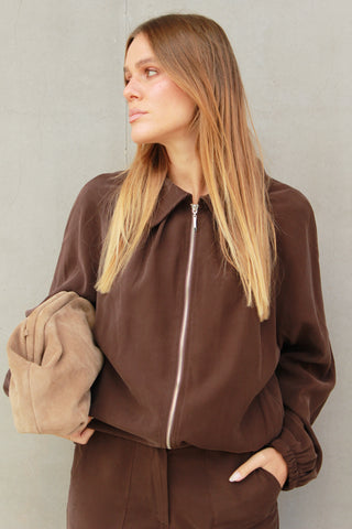 Giacca bomber con collo - MARRONE
