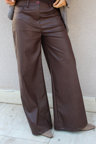 Pantalone ecopelle wide leg - MARRONE
