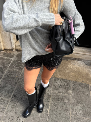 Shorts paillettes e pizzo - NERO