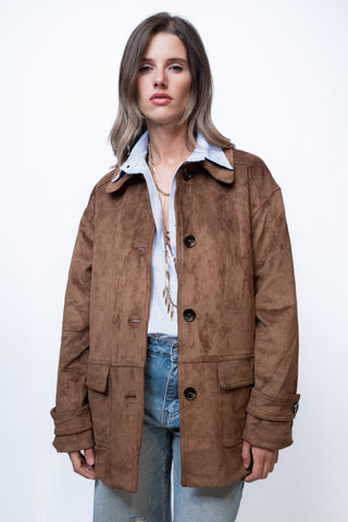 Giacca tasche suede - MARRONE