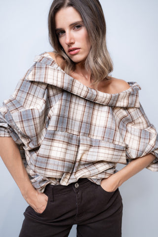 Camicia ampia a quadri - BEIGE/MORO