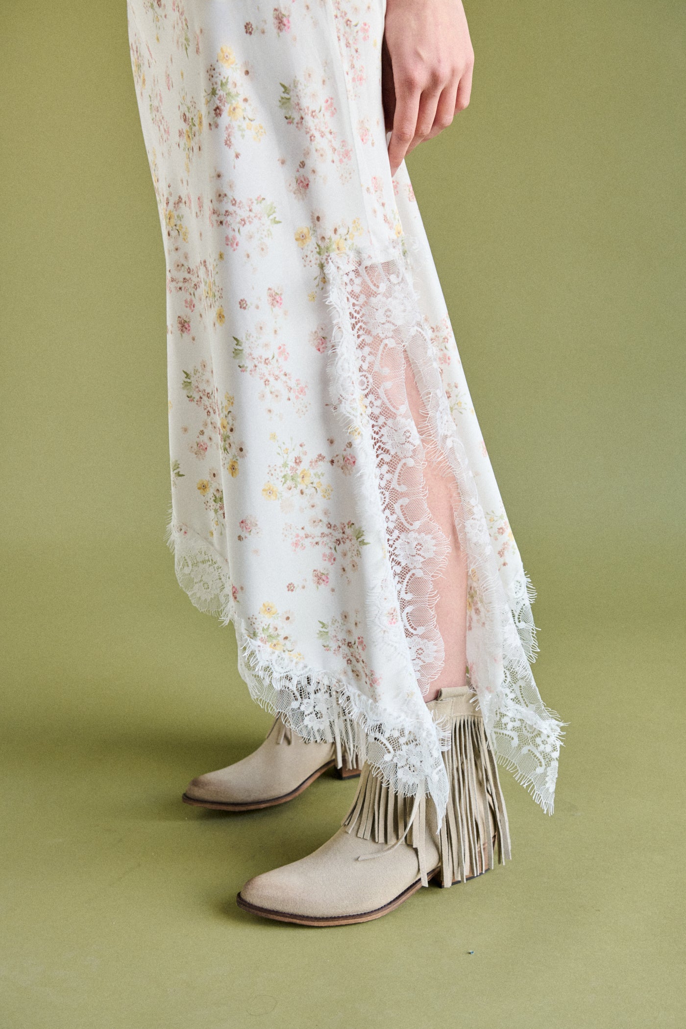 Gonna satin stampata con pizzo - PANNA