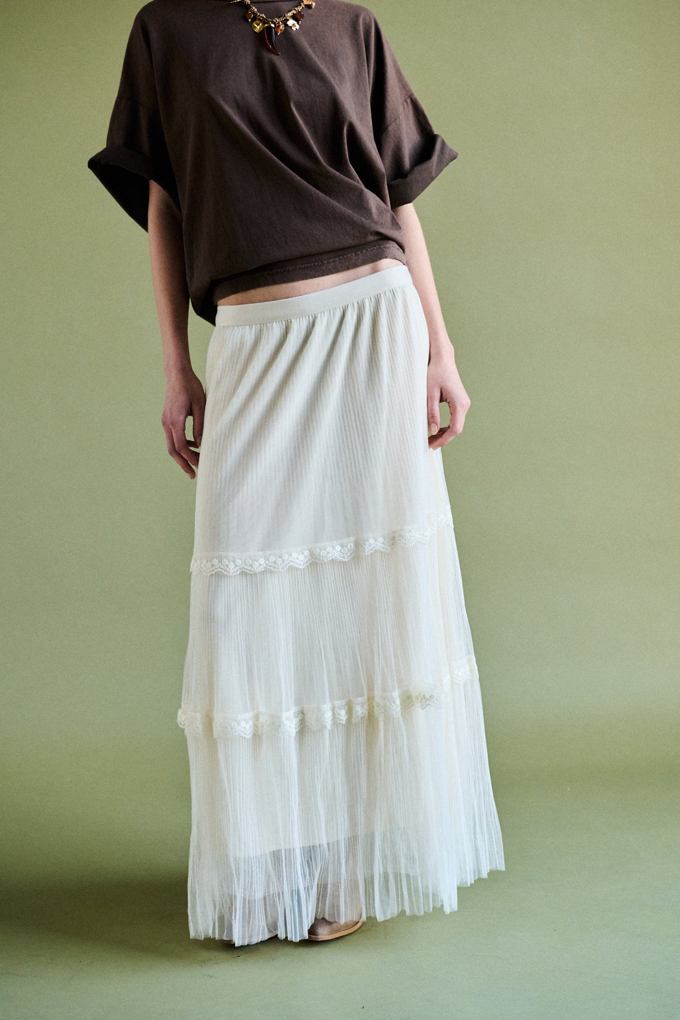 Gonna midi tulle e pizzo - PANNA