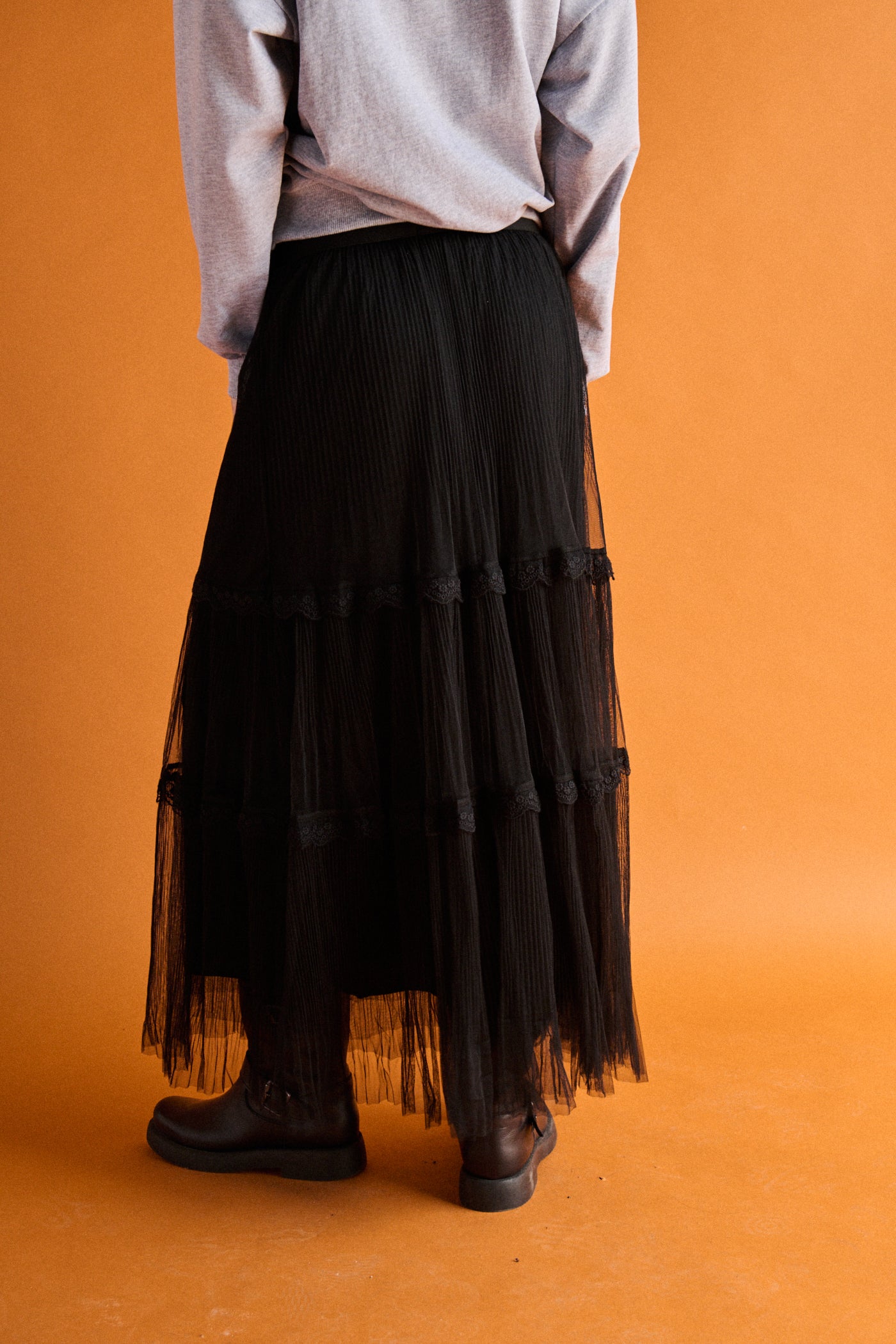 Gonna midi tulle e pizzo - NERO