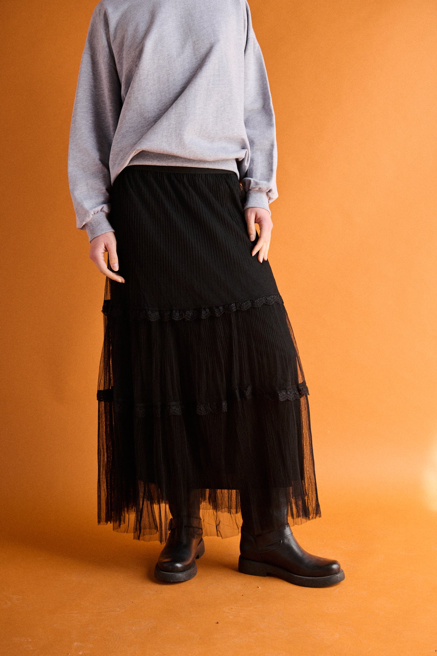 Gonna midi tulle e pizzo - NERO