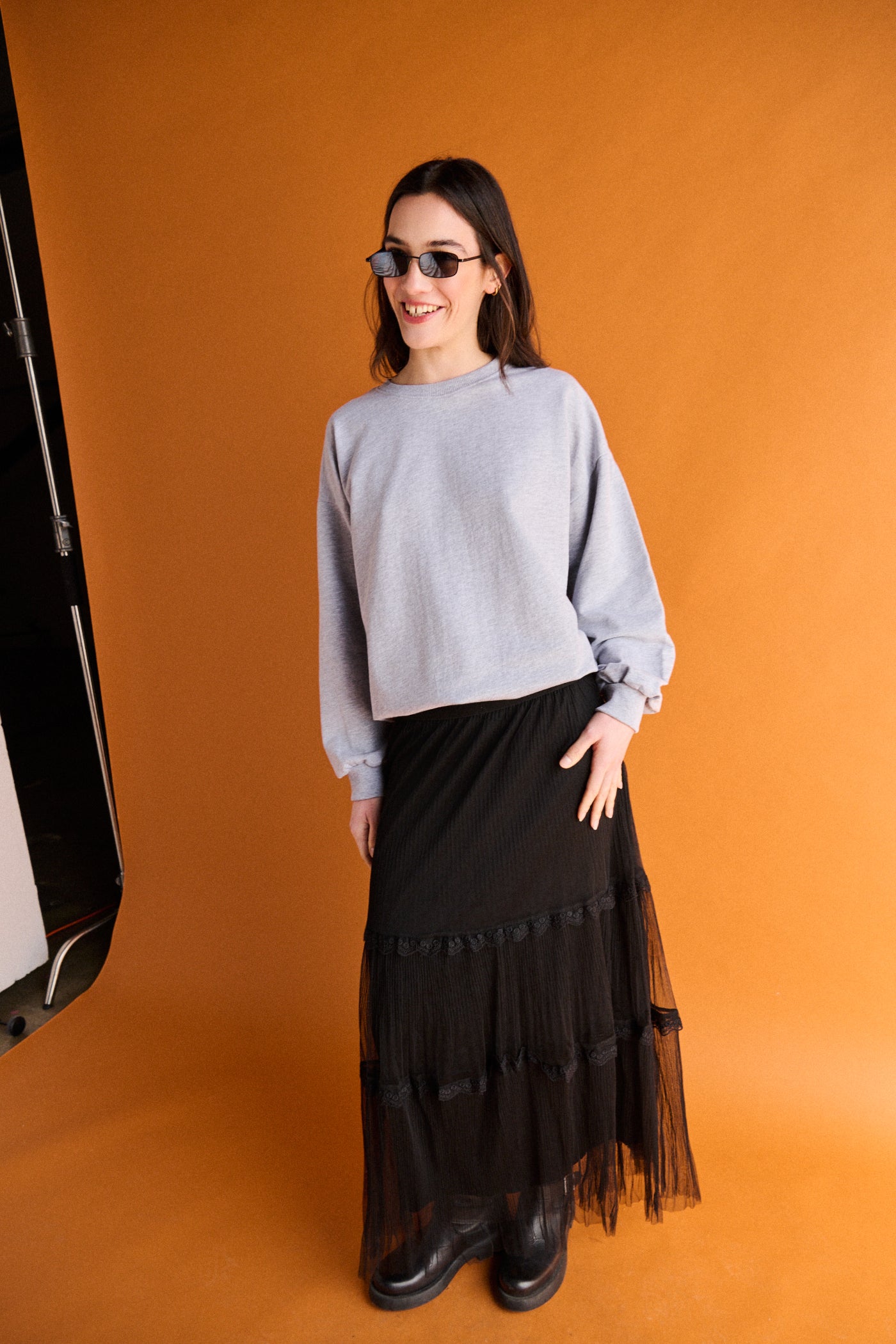 Gonna midi tulle e pizzo - NERO