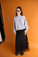 Gonna midi tulle e pizzo - NERO