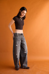 Jeans barrel con cintura risvoltata - DENIM NERO
