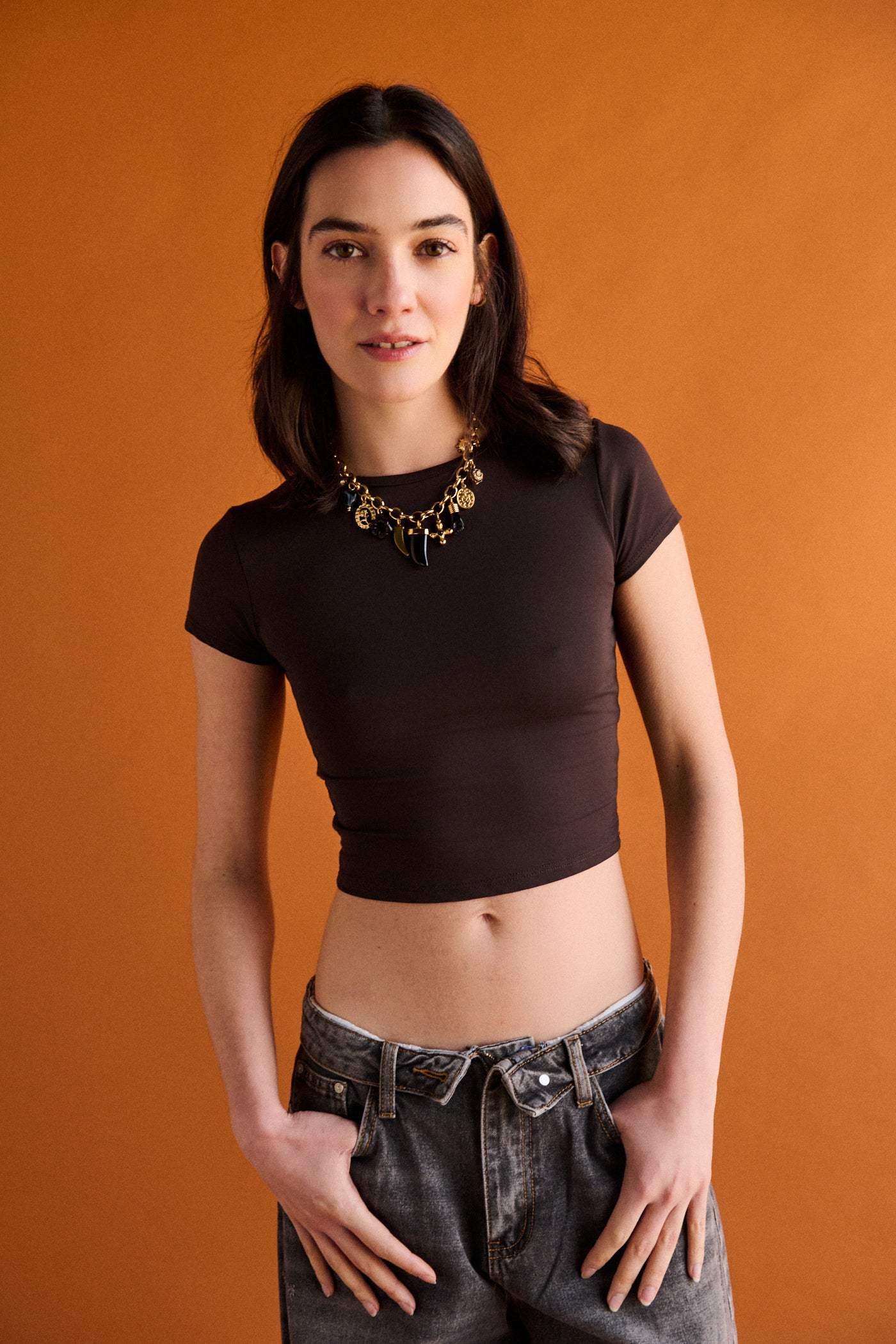 Crop top mezza manica - MORO