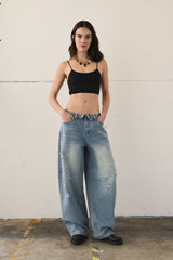 Jeans barrel con cintura risvoltata - DENIM BLU