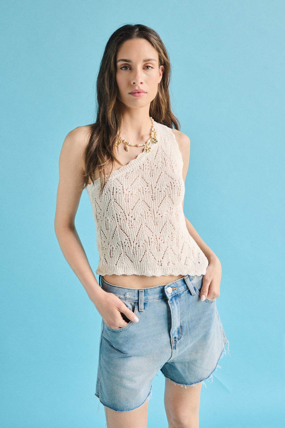 Top monospalla in maglia - PANNA