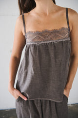 Top lino fondo pizzo - MARRONE