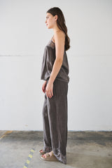 Pantalone lino fondo pizzo - MARRONE