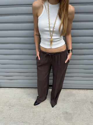 Pantalone wide leg lino - MARRONE