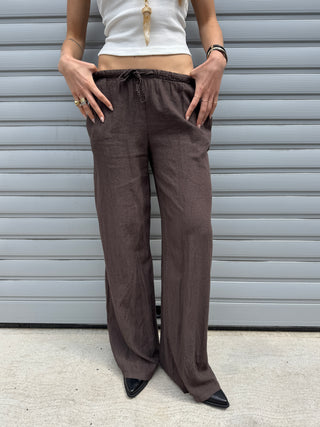 Pantalone wide leg lino - MARRONE