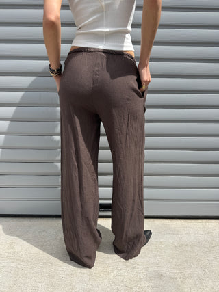 Pantalone wide leg lino - MARRONE