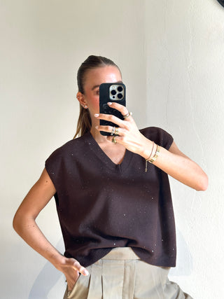 Gilet texture paillettes - MARRONE