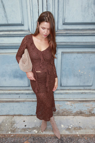 Maglia pizzo con gala - MARRONE