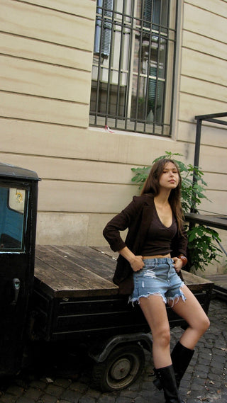 Shorts in denim strappati - DENIM BLU